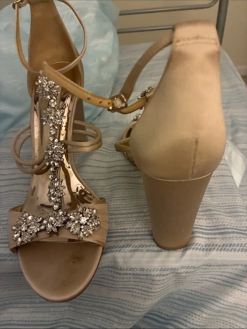 Badgley Mischka Nude Crystal T-Strap Sandals